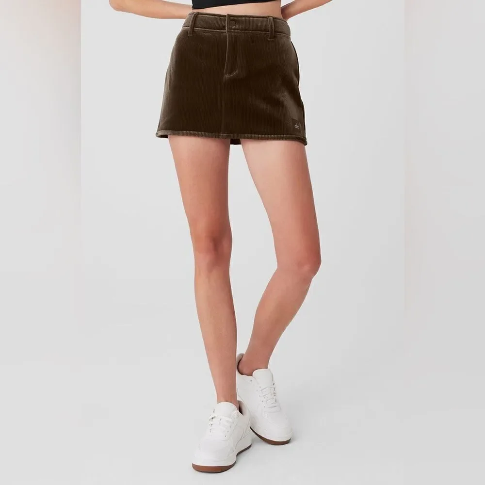 NEW ALO Ribbed Velour Baller Mini Skirt in Macchiato